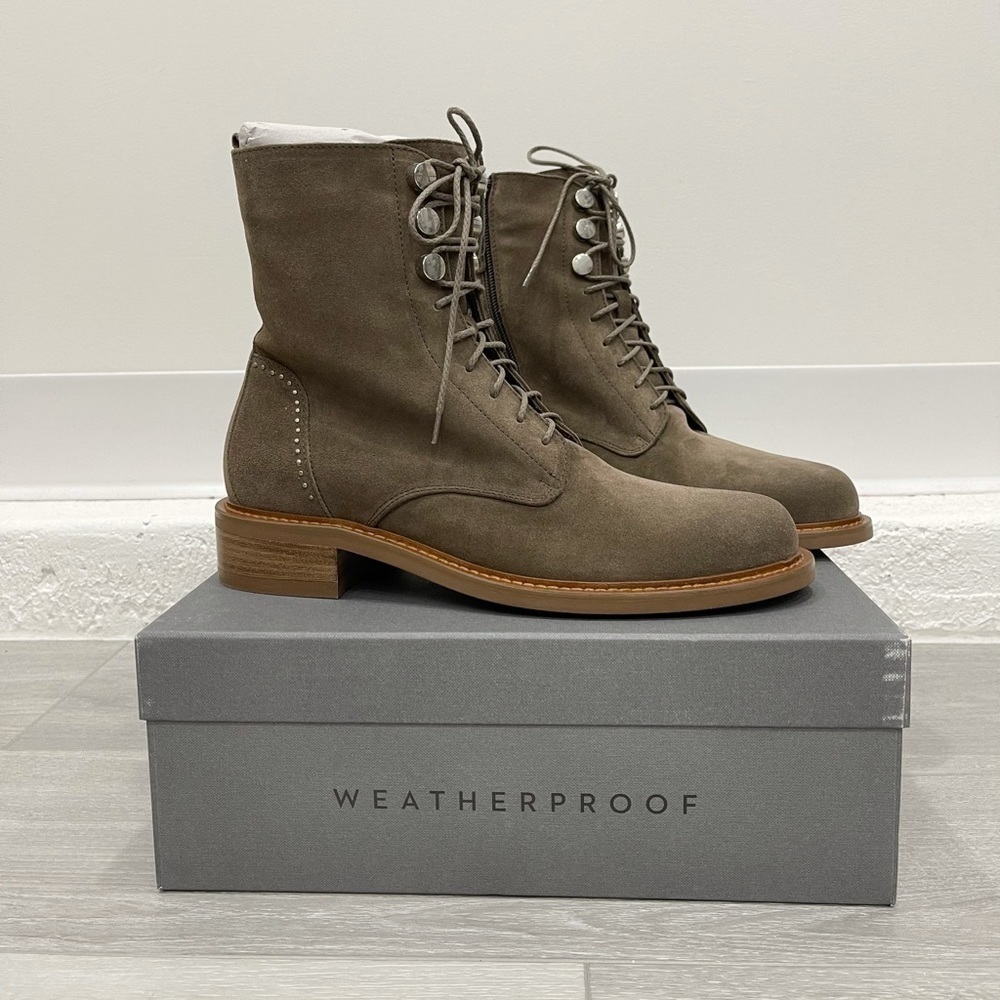 Aquatalia Ali Taupe Suede Waterproof Studs Boot Size 9 Lace-Up
